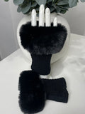 Fingerless knitted plait gloves with faux fur trim-Black