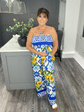 Portofino lemon tile print bandeau pocket jumpsuit-Royal blue