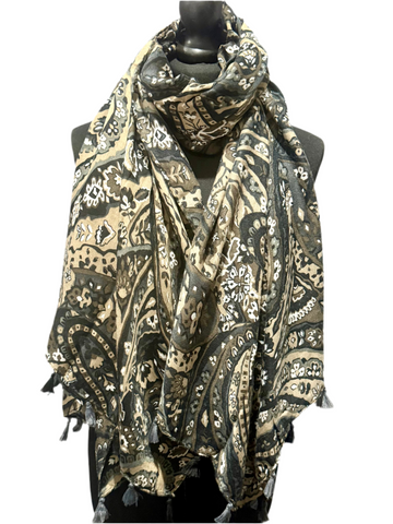 Autumn paisley tassel scarf-Chocolate