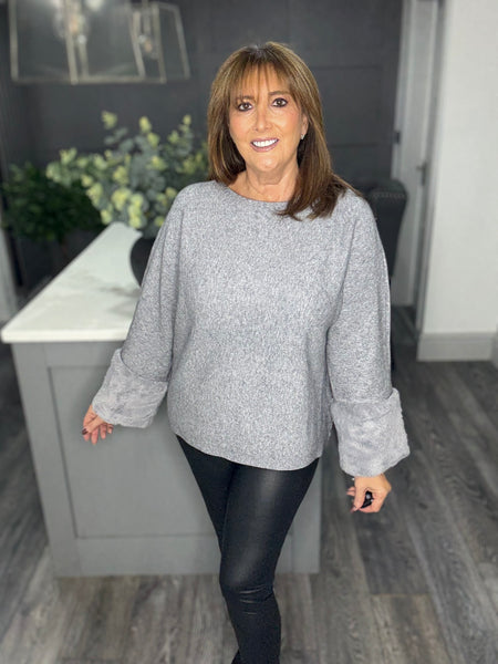 Jordan cashmere feel soft faux fur cuff sweater-Grey