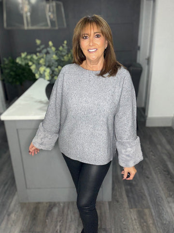 Jordan cashmere feel soft faux fur cuff sweater-Grey