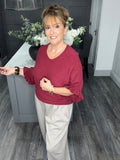 Soft knit frill sleeve sweater-Wine