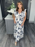 Fern print cross over V neck maxi-Navy