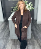 Italian fringed long line cardigan-Chocolate
