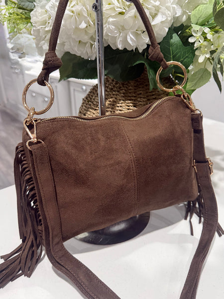 Soft faux suede ring tassle bag-Chocolate