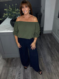 Rachel ruched sleeve Bardot top-Khaki