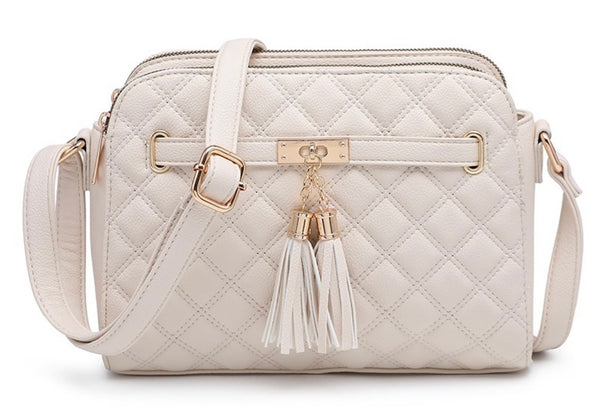 Beige quilted double tassel camera bag