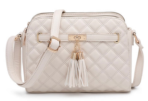 Beige quilted double tassel camera bag