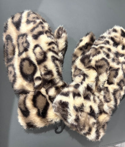 Lux faux fur leopard mittens-Beige