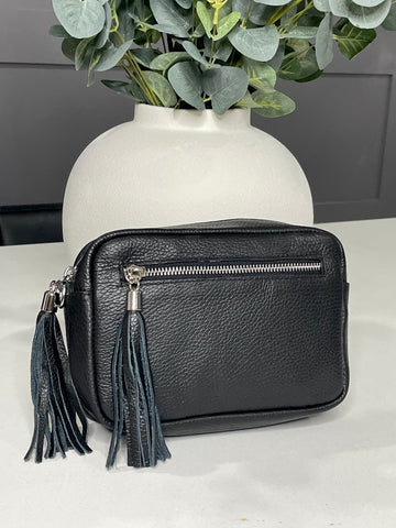 Black double tassel genuine Italian leather bag