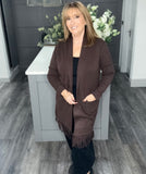 Italian fringed long line cardigan-Chocolate