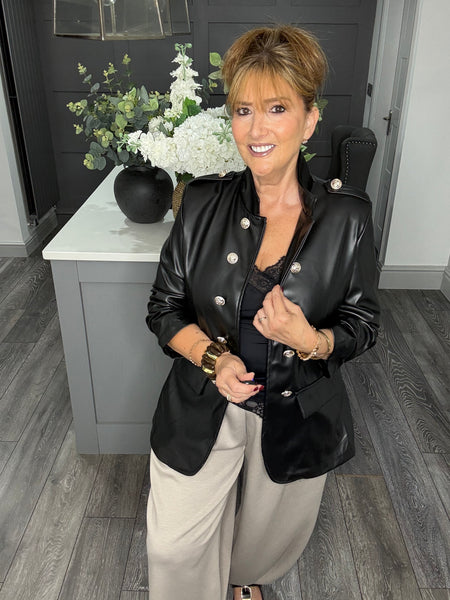 PU military ruched sleeve blazer-Black