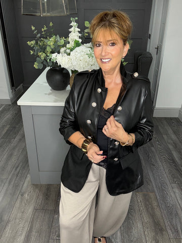 PU military ruched sleeve blazer-Black