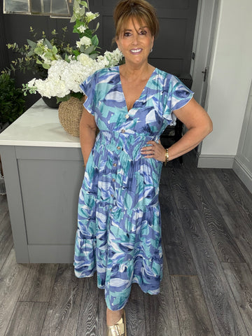 Angel sleeve blue abstract print Maxi