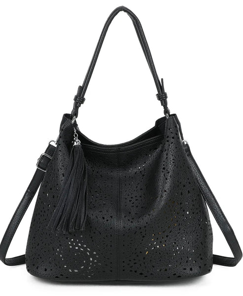 Tassel artisan hobo bag in bag set-Black