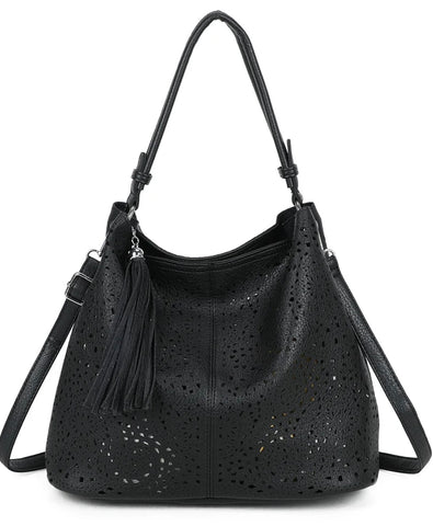 Tassel artisan hobo bag in bag set-Black