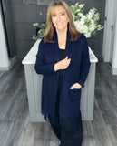 Italian fringed long line cardigan-Navy