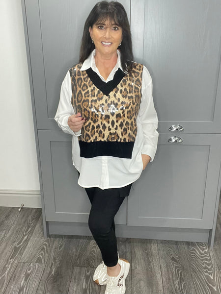 Nadia sequin leopard top with shirt inlay-Black