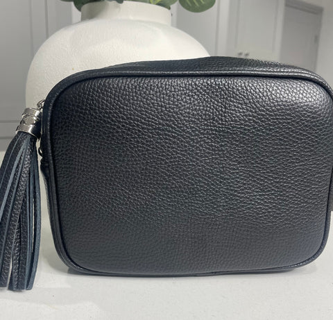 Genuine Italian leather crossbody tassel bag-Black