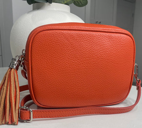 Genuine Italian leather crossbody tassel bag-Orange