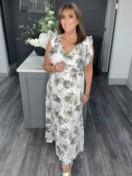 Fern print cross over V  neck maxi-Khaki