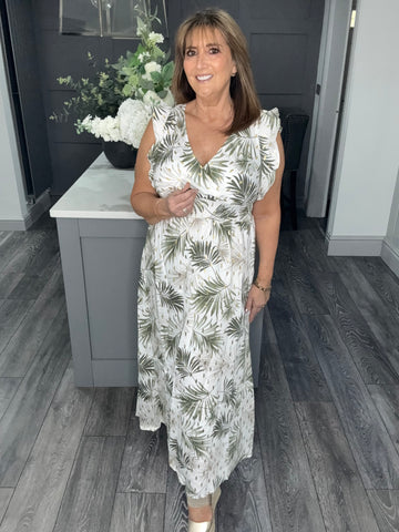 Fern print cross over V  neck maxi-Khaki