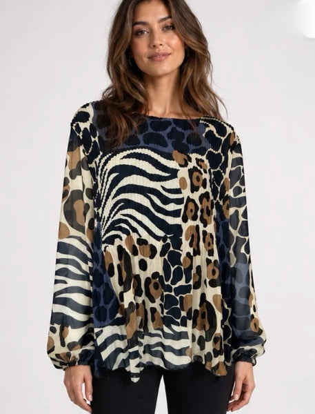 Blue pleated animal print top
