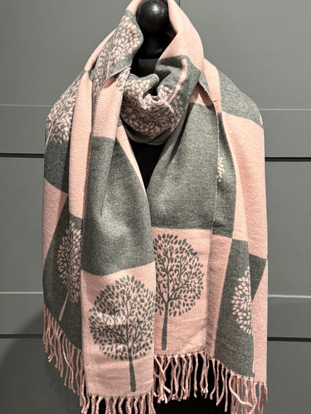 Super soft cashmere blend checkered tree of life reversible scarf-Pink/grey