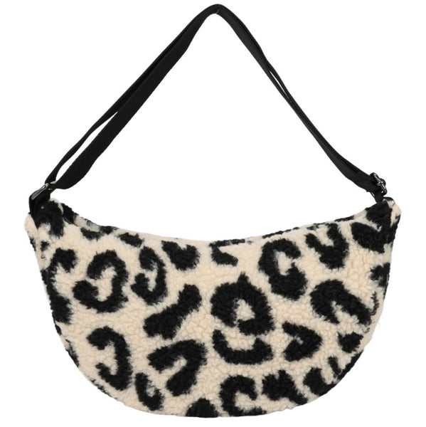 Large Leopard print teddy half moon crossbody bag-Beige