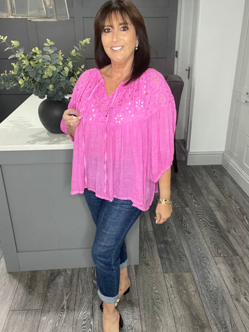 Fern broderie anglaise balloon sleeve top-Fuchsia