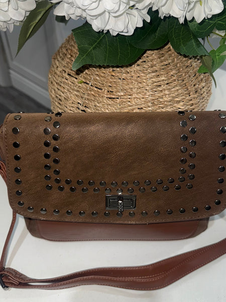 Faux suede studded crossbody bag-Chocolate