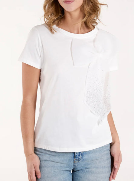 Embellished bow T-shirt-White