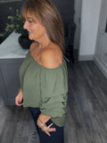 Rachel ruched sleeve Bardot top-Khaki