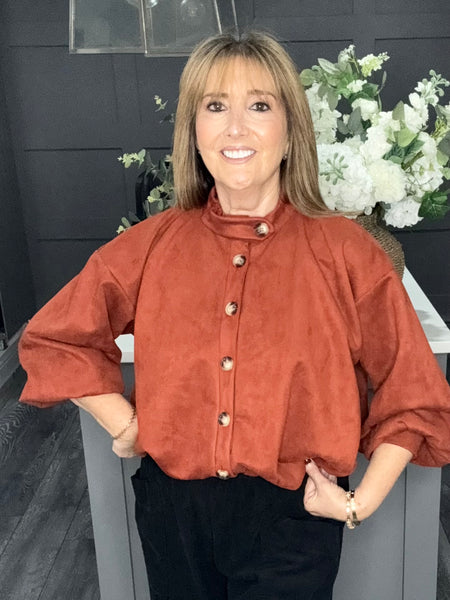 Rust suedette bubble hem bomber jacket