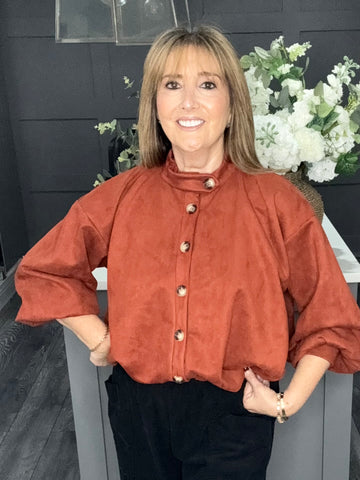 Rust suedette bubble hem bomber jacket