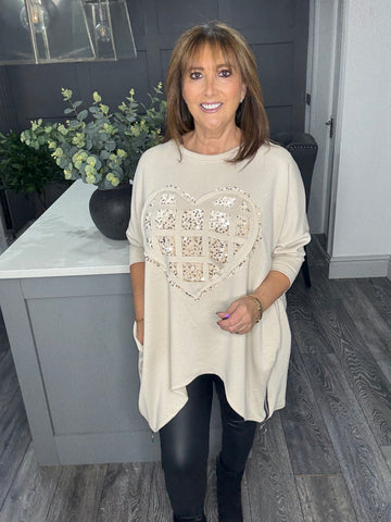 Mia scuba velvet sequin heart top-Beige