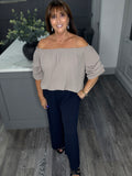 Rachel ruched sleeve Bardot top-Mocha