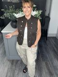 Denim military waistcoat-Chocolate