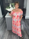 Coral/fuchsia abstract animal print tiered Maxi dress