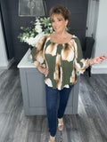 Pleated frill Bardot top -Khaki/beige