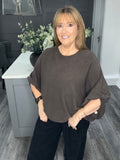 Balloon sleeve slouch knitted top-Chocolate