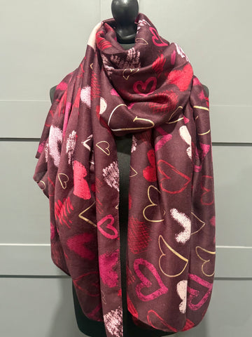 Leopard multi heart scarf-Merlot
