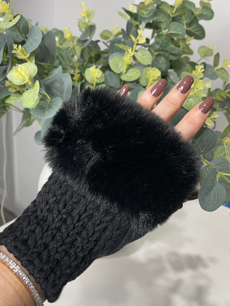 Fingerless knitted plait gloves with faux fur trim-Black