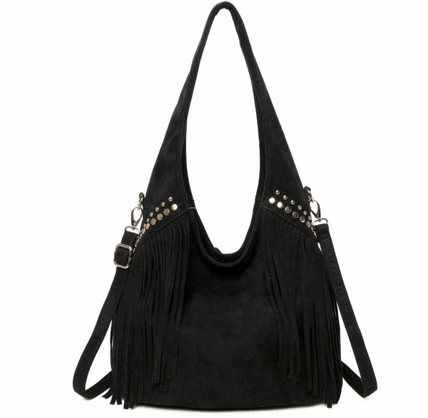 Faux suede tassel Hobo bag-Black