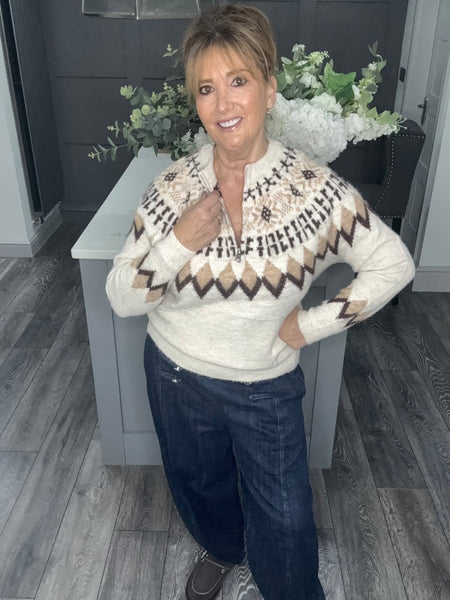 Fair Isle zip neck soft knit jumper-Cream