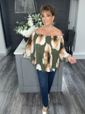 Pleated frill Bardot top -Khaki/beige