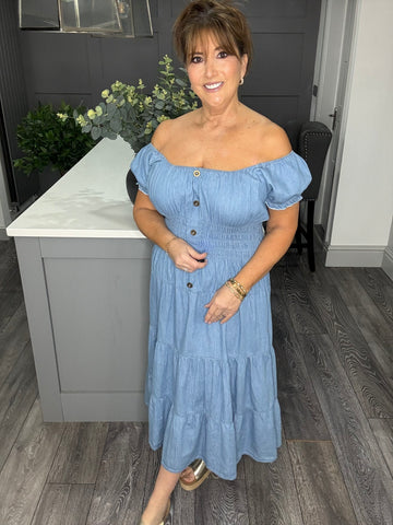 Chambray denim midi dress-Blue wash