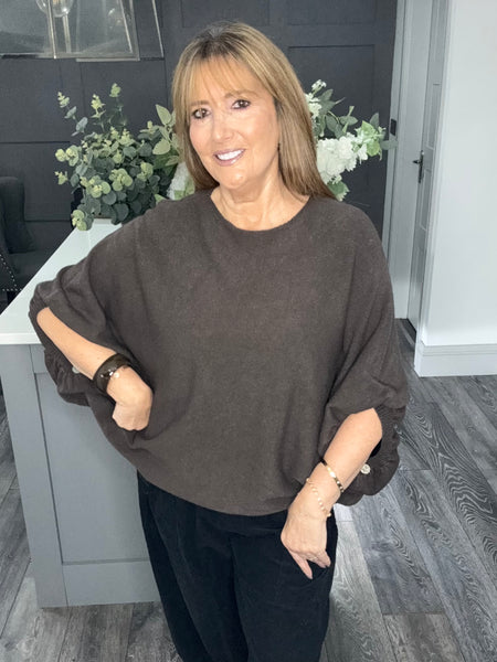 Balloon sleeve slouch knitted top-Chocolate