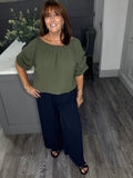 Rachel ruched sleeve Bardot top-Khaki