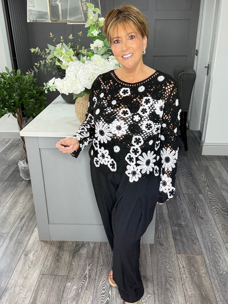 Black and white flower crochet top